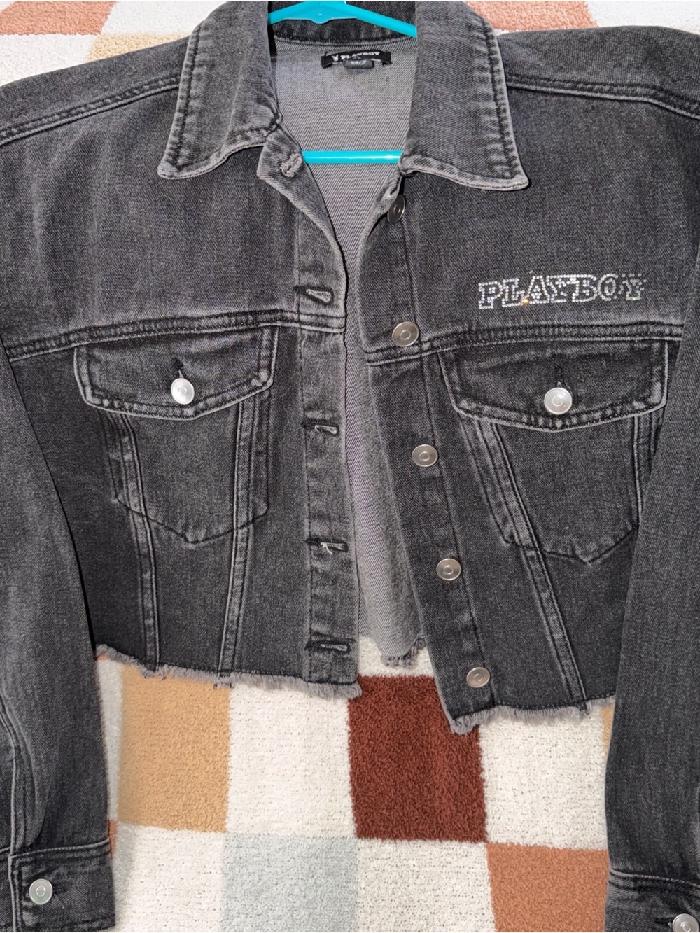 PLAYBOY Black Washed Cropped Denim Jacket with Crystal Logo